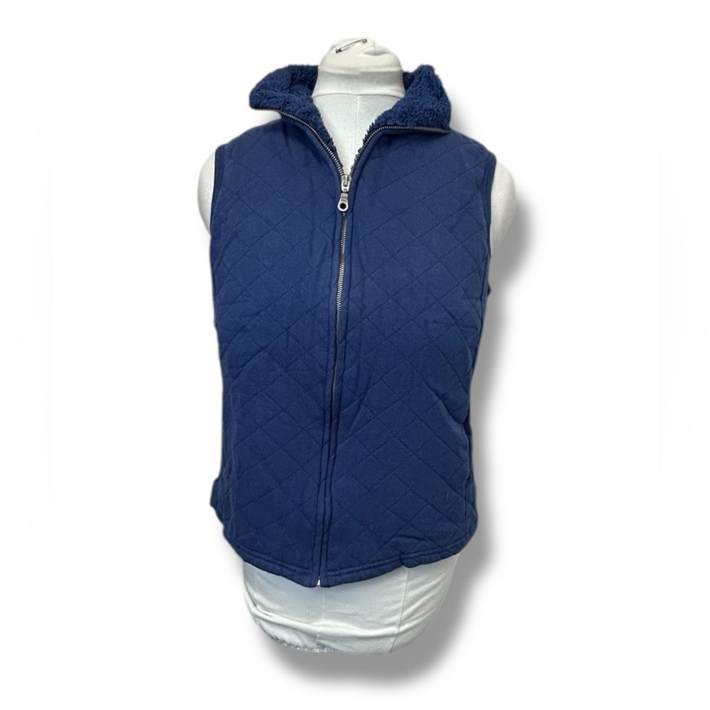 Coldwater Creek Womens Quilted Vest Faux Fur Collar Navy Blue Size L